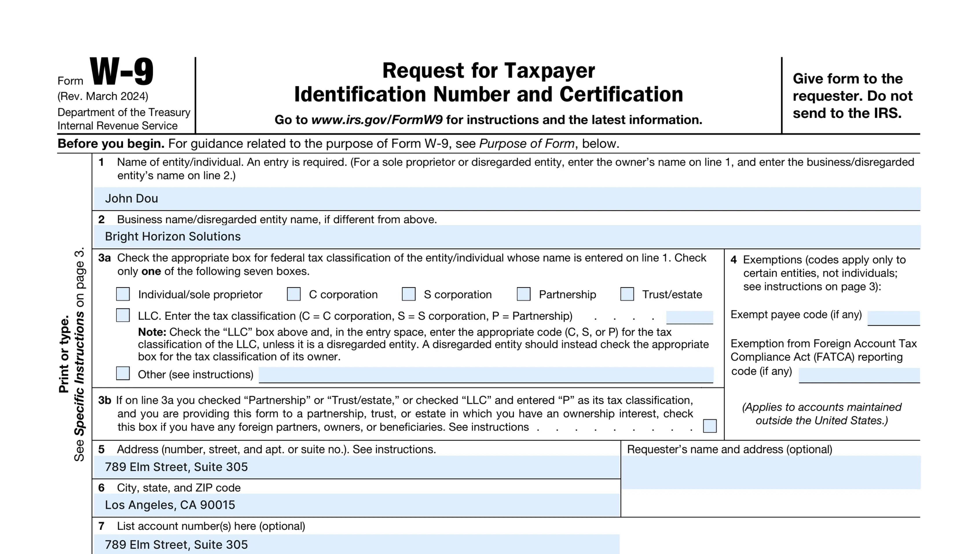 W-9 line fields filled example