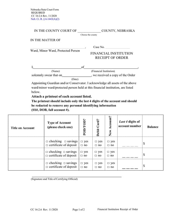 Nebraska Financial Institution Receipt of Order Acknowledgment and Account Details