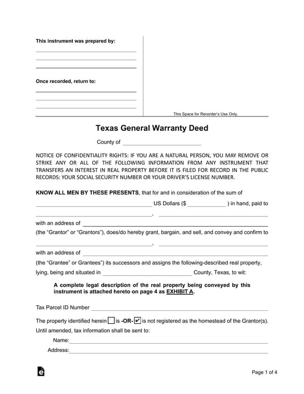 Texas Real Estate Ownership Transfer Warranty Deed - Confidentiality Rights Included