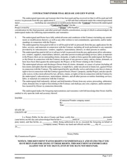 Final Settlement and Lien Waiver for Contractors and Vendors form preview