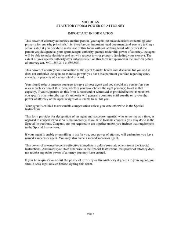 Michigan Power of Attorney MCL 556.201-556.505 - Choosing a Trusted Property Agent