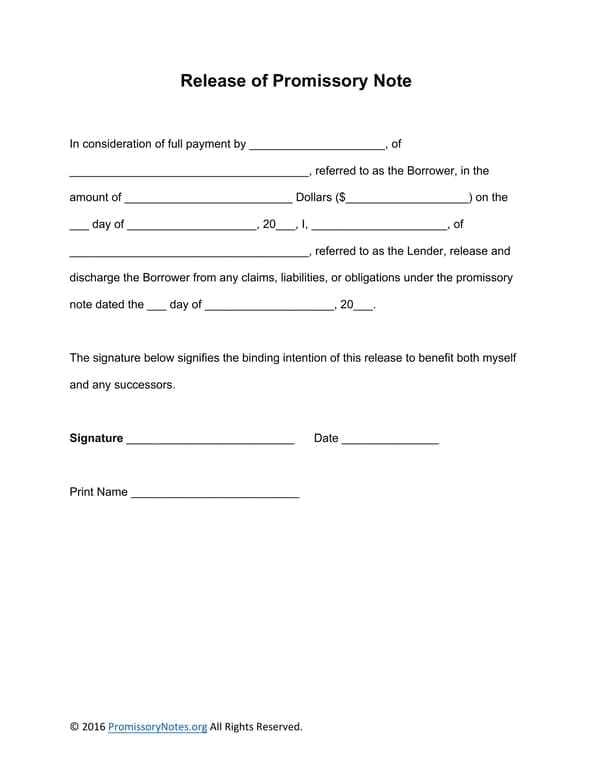 Promissory Note Release Agreement - Acknowledgement of Full Loan Payment