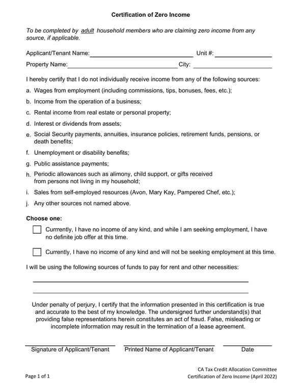 California Certification of Zero Income for Tenants