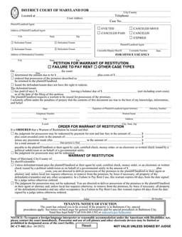 Maryland Warrant of Restitution Petition - Landlords Legal Possession Request form preview