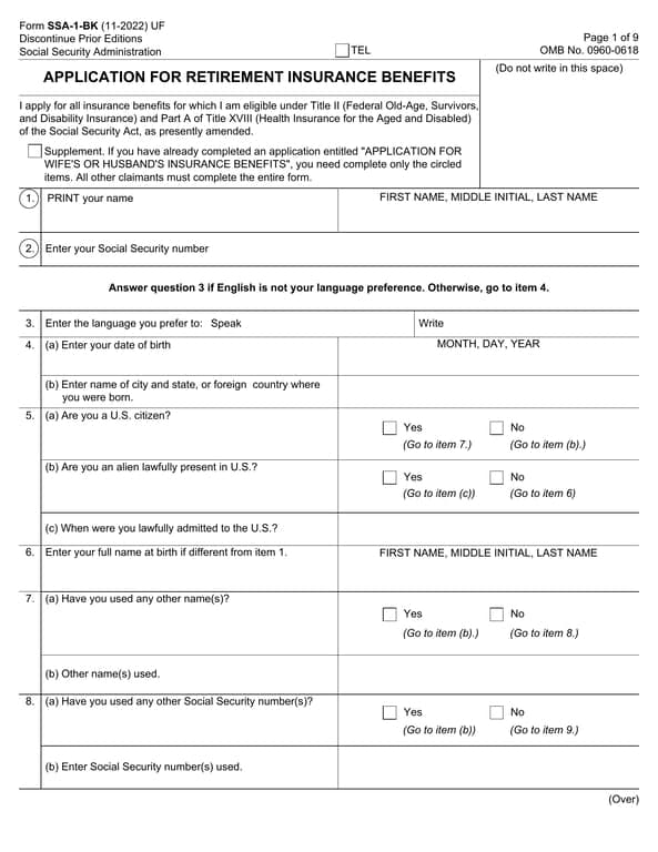 Social Security SSA-1-BK Retirement Insurance Benefits Application
