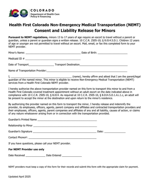 Colorado Minor Medical Transportation Consent and Liability Release
