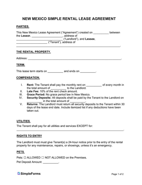 New Mexico Basic Rental Agreement Outline and Terms