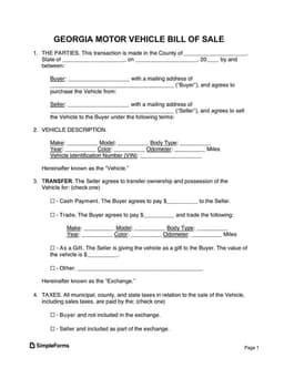 Georgia Vehicle Ownership Transfer Record form preview