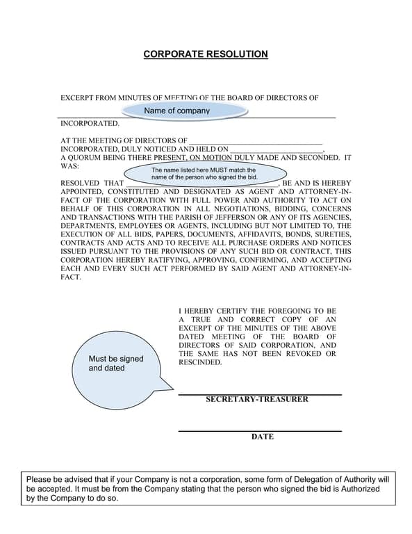 Corporate Resolution - Director's Board Meeting Extract and Agent Appointment