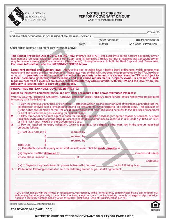 California Tenant Protection Act Notice - C.A.R. Form PCQ Revised 6/20