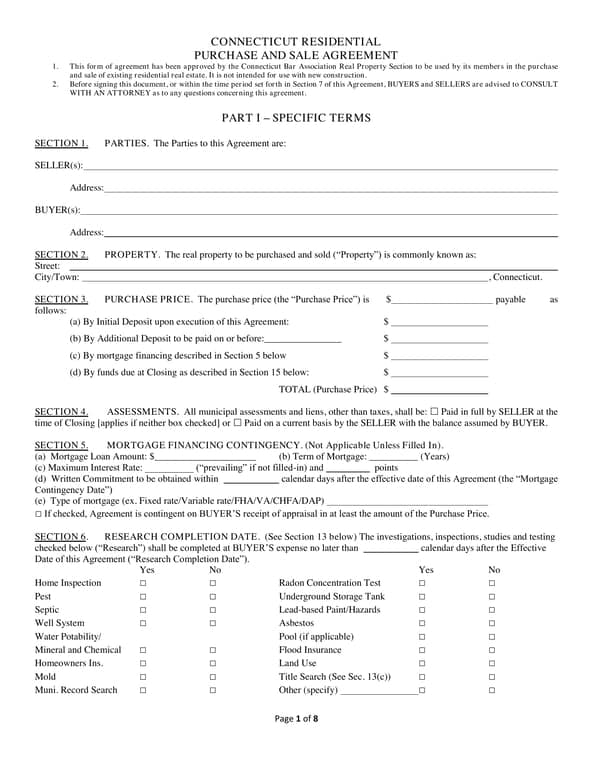 Connecticut Residential Purchase and Sale Agreement Summary