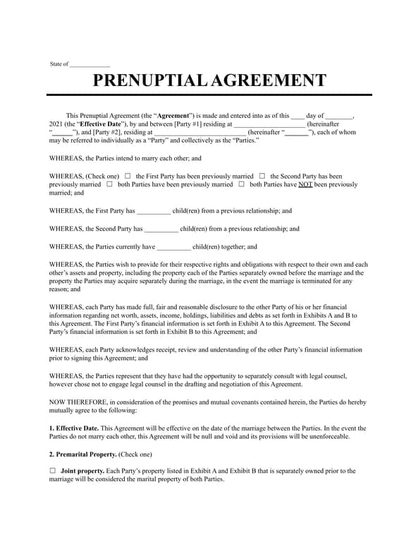 State Prenuptial Agreement Terms and Conditions