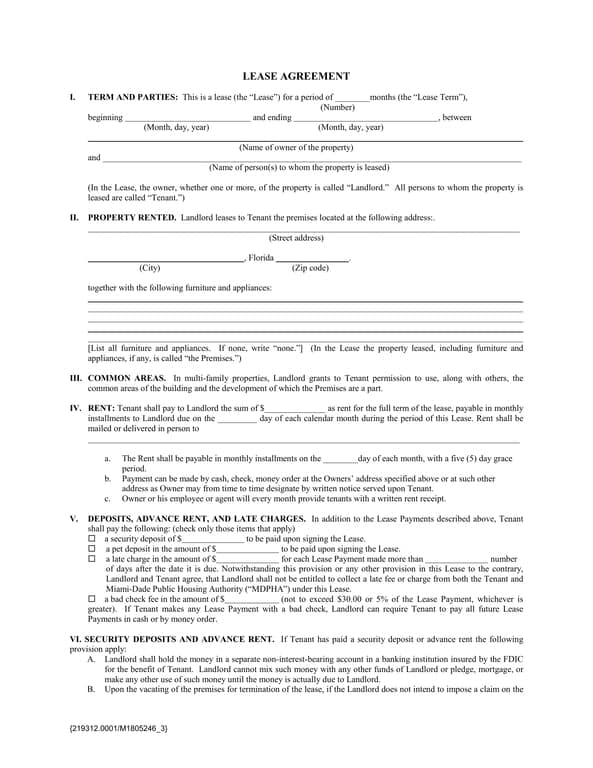 Florida Lease Agreement Basic Details