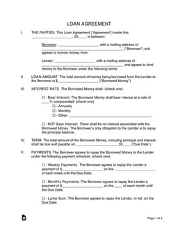 Loan Agreement Document Terms and Conditions form preview