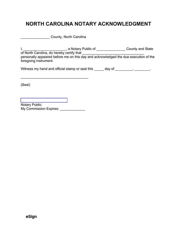 North Carolina Notary Acknowledgment for Signature Authenticity