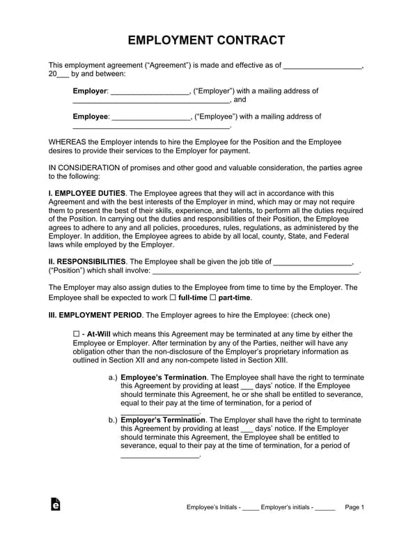 Employment Contract Agreement Detailing Terms and Responsibilities