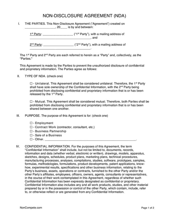 Non-Disclosure Agreement for Protecting Confidential Information - NDA