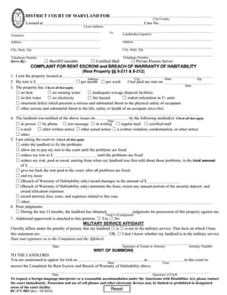 Maryland District Court Tenant Complaint Document for Unsafe Living Conditions form preview