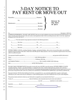California 3-Day Rent Payment Notice Summary form preview