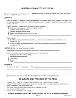 SW 0229 Health Care Directive - Specify Your Personal Health Care Preferences form preview