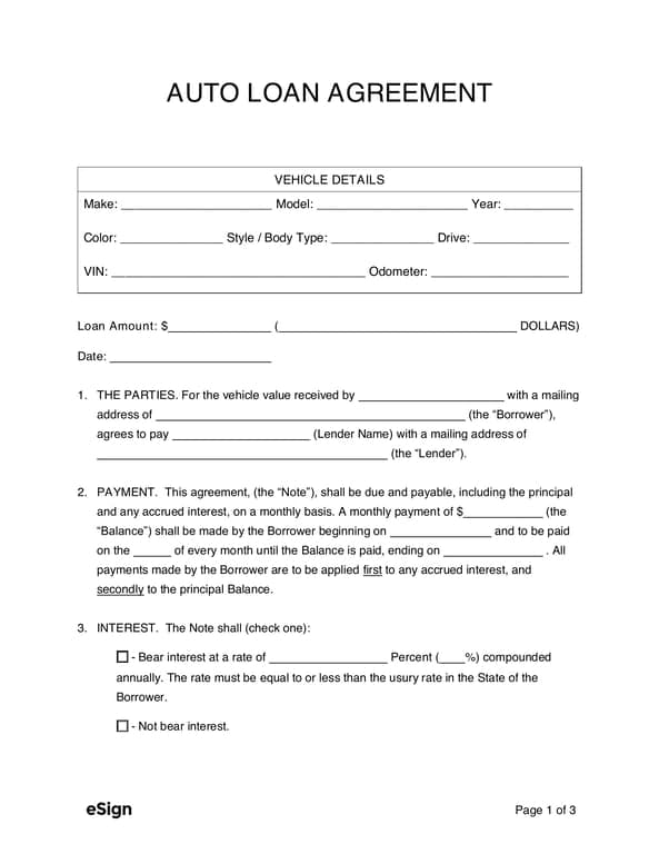 Auto Loan Agreement Details and Terms