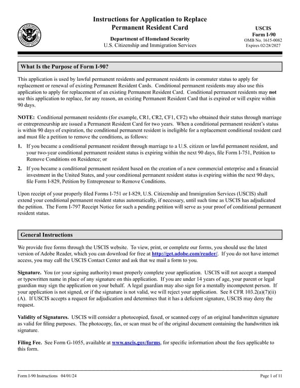 USCIS I-90 Application for Permanent Resident Card Renewal or Replacement