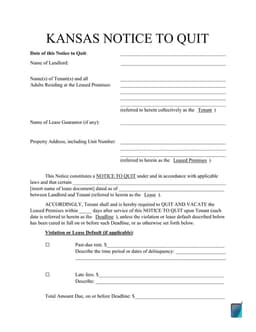 Kansas Notice to Quit - Tenant Eviction Process in Lease Agreements form preview
