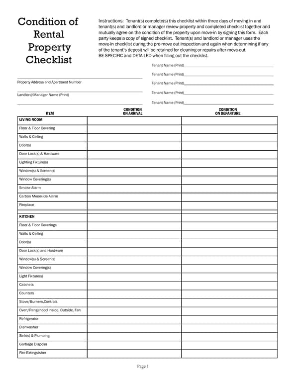 Rental Property Condition Checklist for Tenants and Landlords