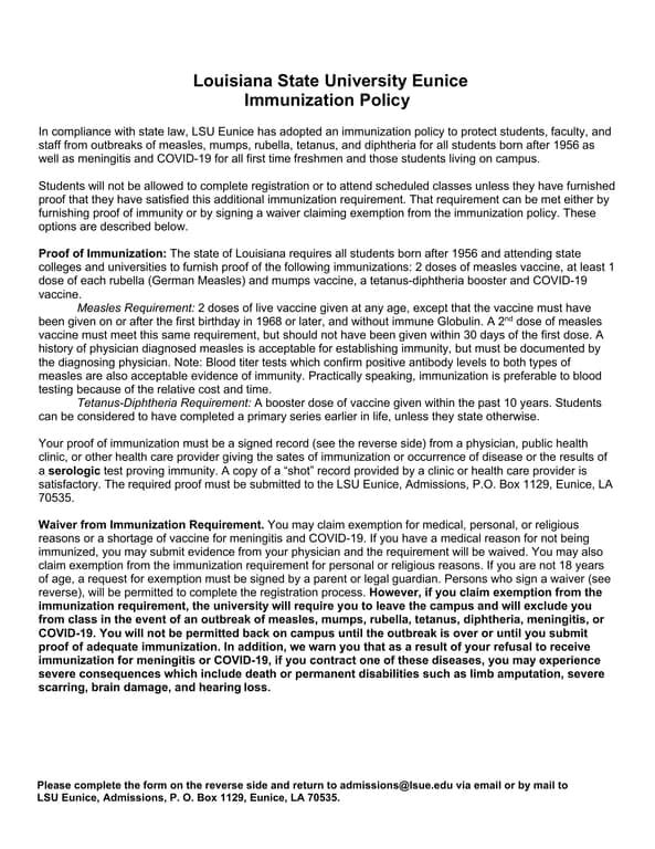 Louisiana State University Eunice Immunization Record Requirement