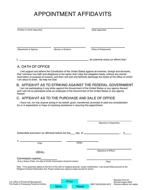 Appointment Affidavits - Pledges and Affirmations for Appointees to Government Position