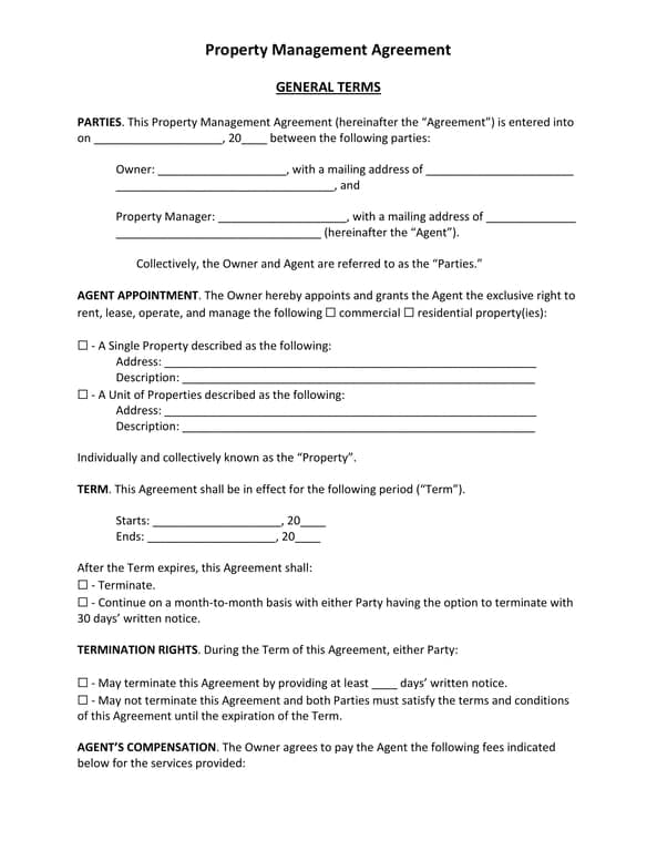 Property Management Agreement Outline  - Rights, Responsibilities, and Cooperative Terms