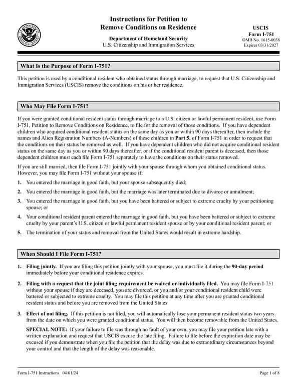 DHS I-751 for Removal of Conditions on Residency via Marriage