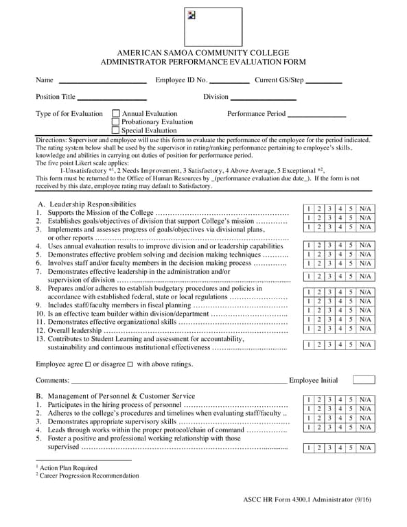 ASCC HR 4300.1 Administrator Evaluation American Samoa