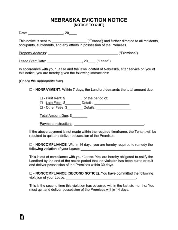 Nebraska Eviction Notice for Rent Nonpayment - Legal Notification for Lease Agreement Violation