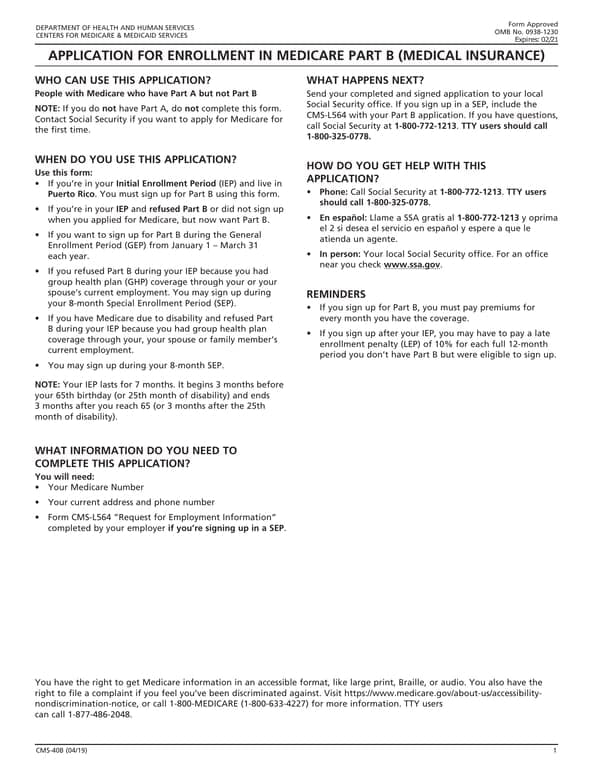 Medicare Part B Enrollment Application 40b - Key for Initial and Special Sign Ups