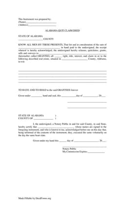 Alabama Property Rights Transfer via Quit Claim Deed form preview