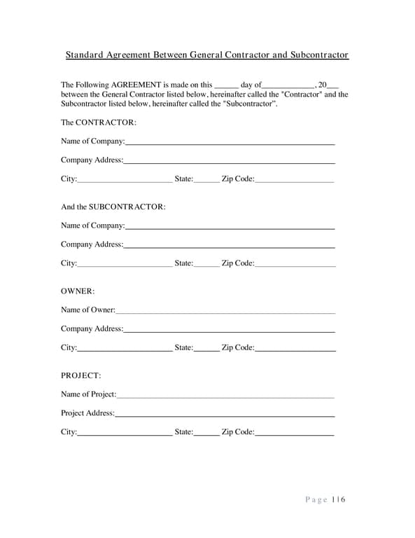Standard Construction Subcontractor Agreement Details