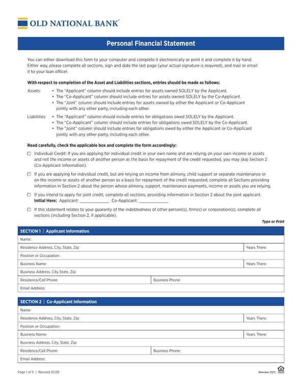 Personal Financial Statement - Complete Asset and Liability Declaration