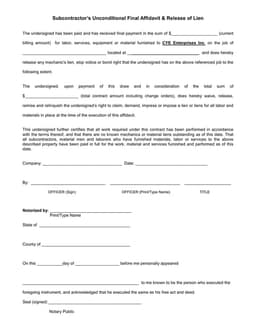 Contractor's Unconditional Lien Release for CYE Enterprises form preview