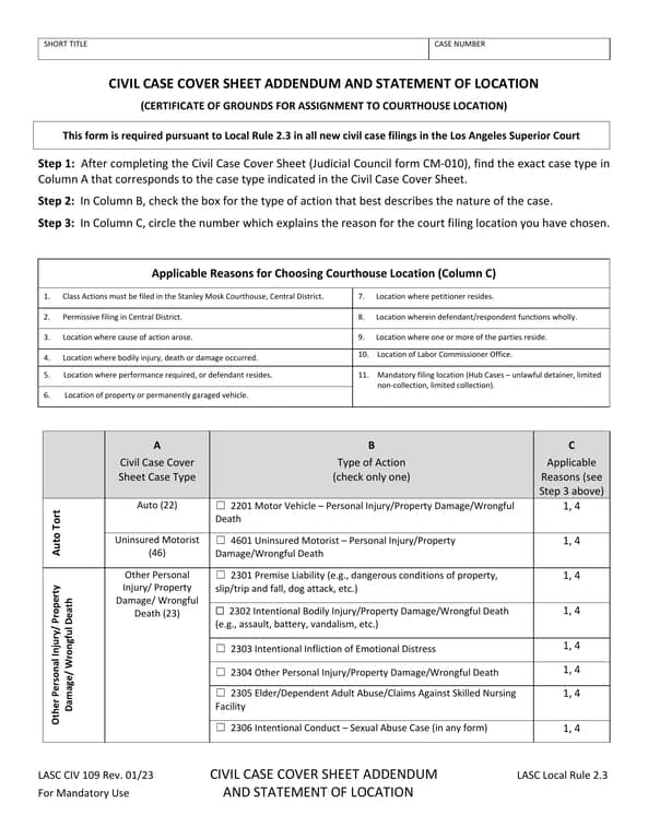 LASC CIV 109 - Civil Case Cover Sheet Addendum and Statement of Location for LA Superior Court
