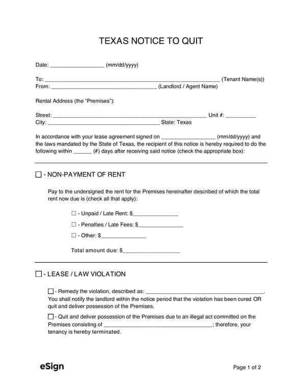 Texas Notice to Quit for Lease Violations and Overdue Rent