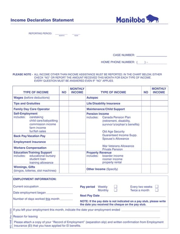 Manitoba Income Declaration Statement Summary