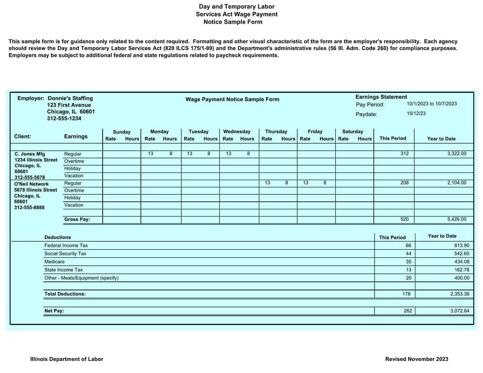 Illinois Wage Payment Notice Sample - Comprehensive Salary Record