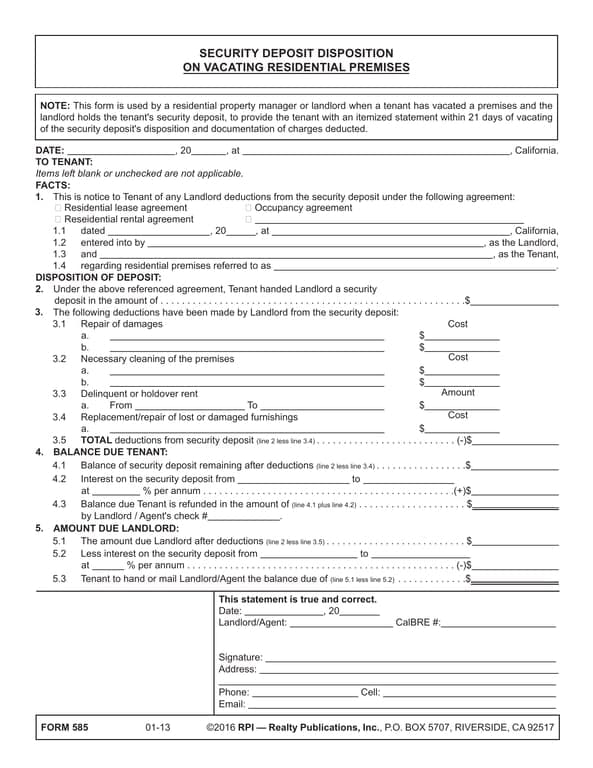 California Residential Security Deposit Deduction Breakdown