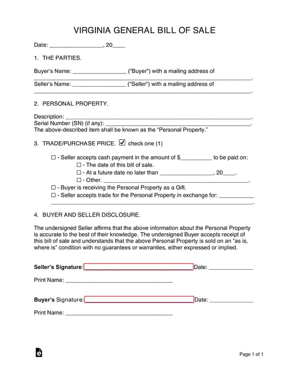 Virginia General Bill of Sale - Ownership Transfer Document