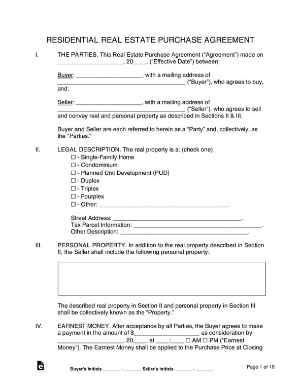 Residential Real Estate Purchase Agreement Details and Initials