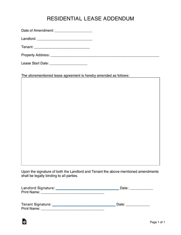 Residential Lease Addendum - Tenant Landlord Agreement Amendment