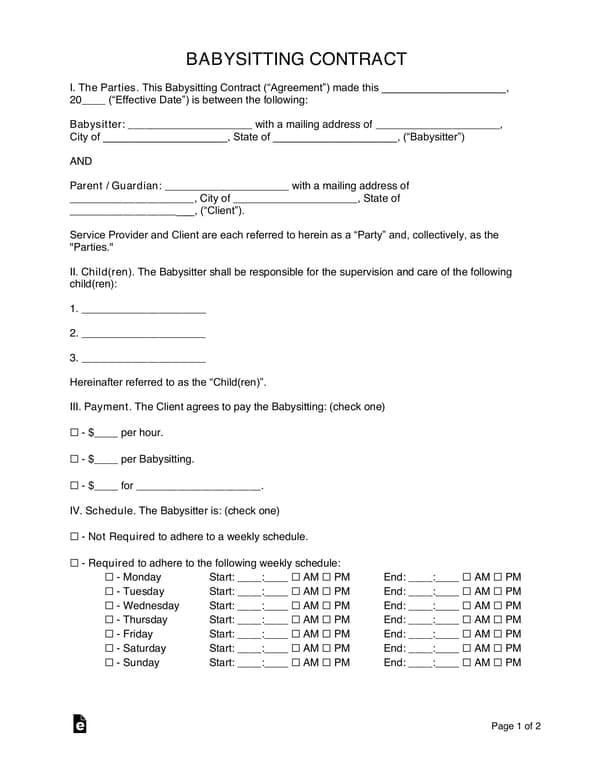 Babysitting Contract Agreement for Caregiver and Parent