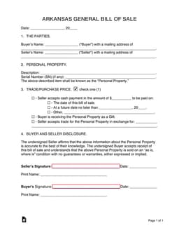 Arkansas Vehicle Sale Details Record - Bill of Sale form preview