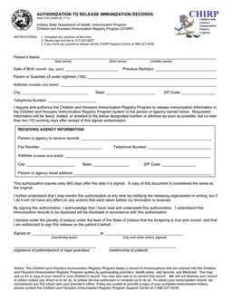 Indiana Immunization Record Release Authorization form preview